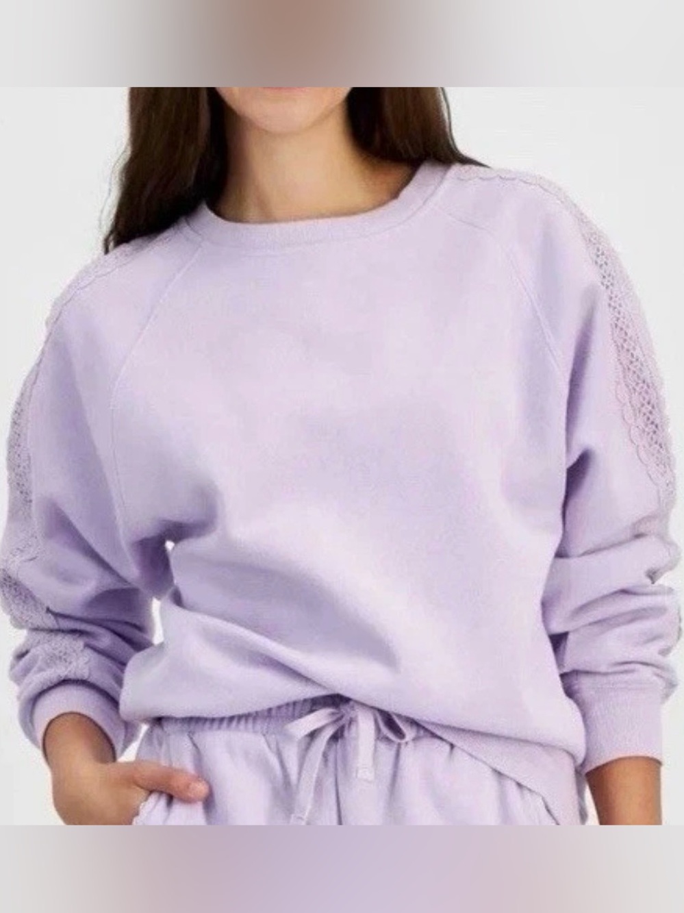 Planet Heart Juniors' Fleece Crochet-Trim Crewneck Sweatshirt Lavender  SIZE XS
